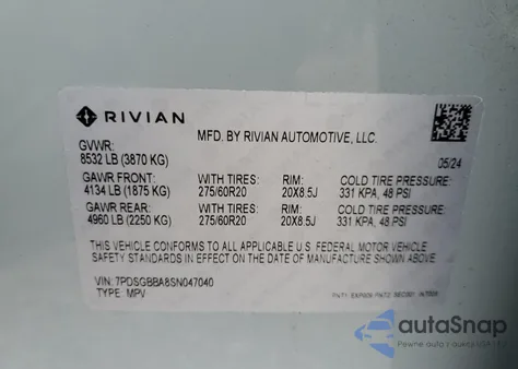 2025 Rivian R1S Adventure из США, поврежденный, VIN 7PDSGBBA8SN047040